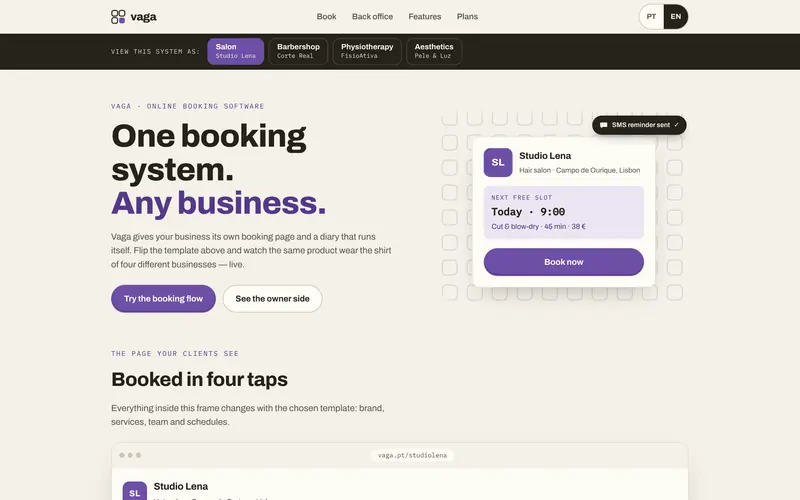 Home: the pitch, the business switcher and a booking card.