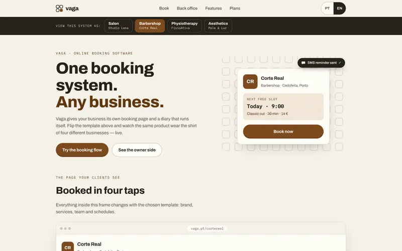 The same site as a barbershop: colours, name and services change.