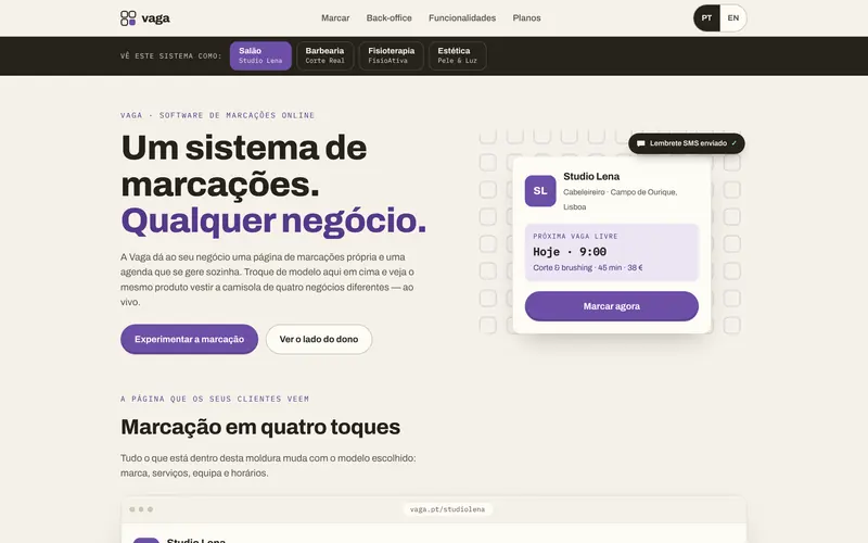 Página inicial: a proposta, o seletor de negócio e o cartão de marcação.