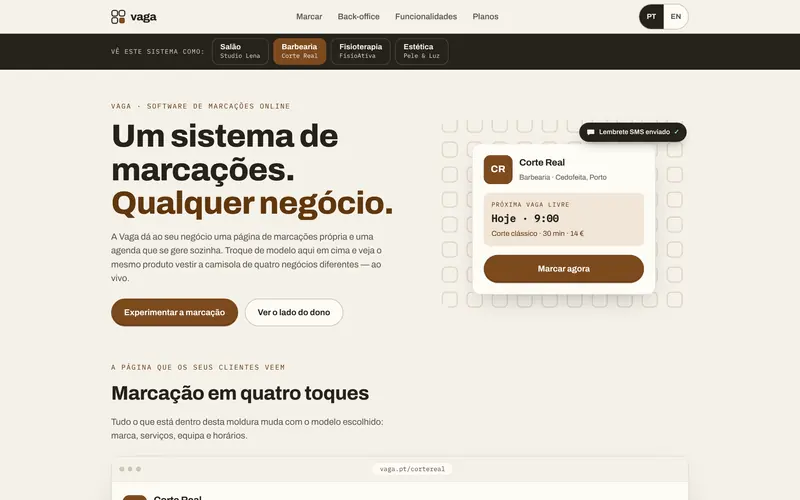 O mesmo site como barbearia: cores, nome e serviços mudam.