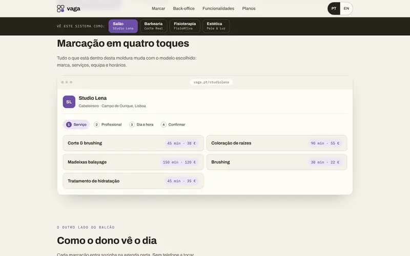 Passo 1: os serviços, com duração e preço.