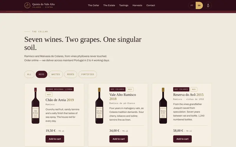 The shop filtered to reds, with grapes, notes and price.