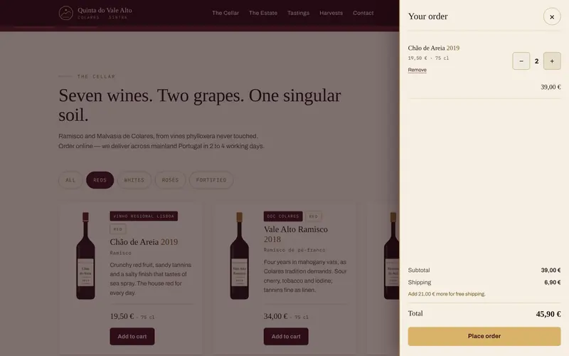 The cart: bottles, shipping and how far off free shipping is.