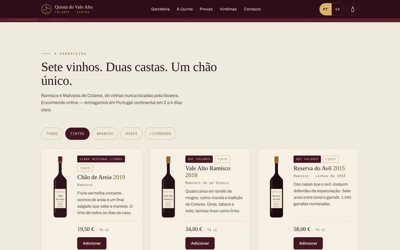 A garrafeira filtrada: só os tintos, com castas, notas e preço.