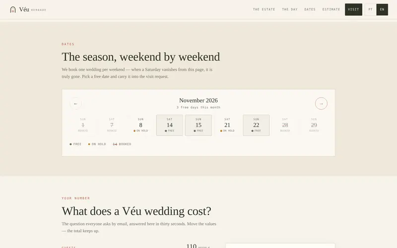 The calendar: free, on-hold and booked weekends.