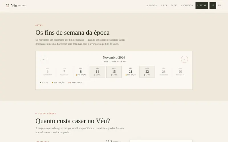 O calendário: fins de semana livres, em opção e reservados.
