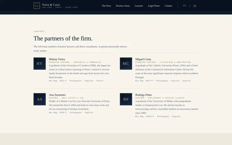 The partners: background, bar number and working languages.