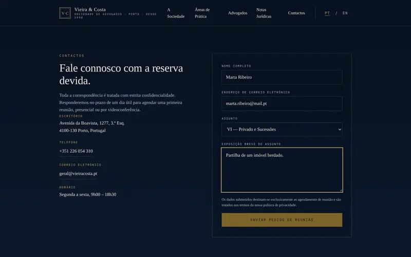 O formulário: nome, email, área de prática e o assunto.