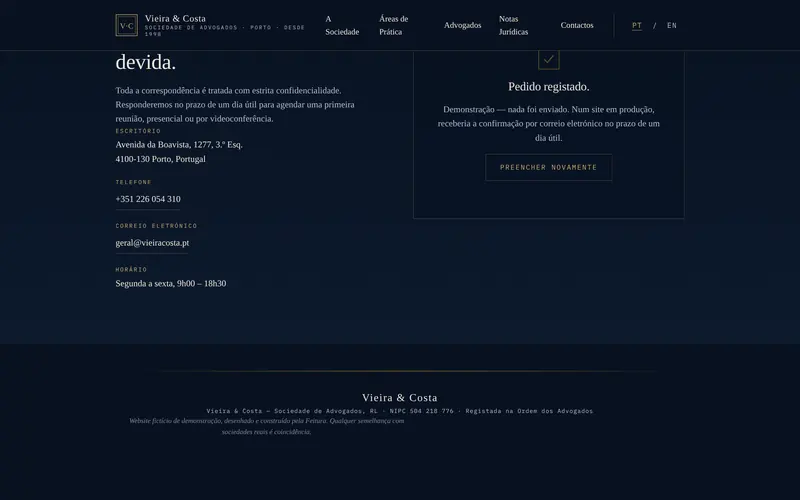 Morada, telefone, email e horário, com o rodapé da sociedade.
