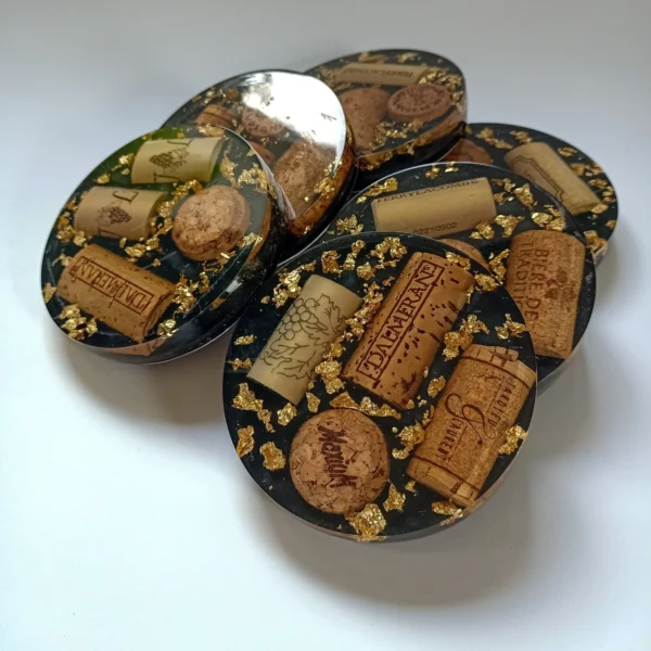 French Wine Cork Coaster Set, Epoxy Resin Coasters, Gold Flakes, Barware Decor, Drinkware Coasters, Unique Gift, Set of 6 Black