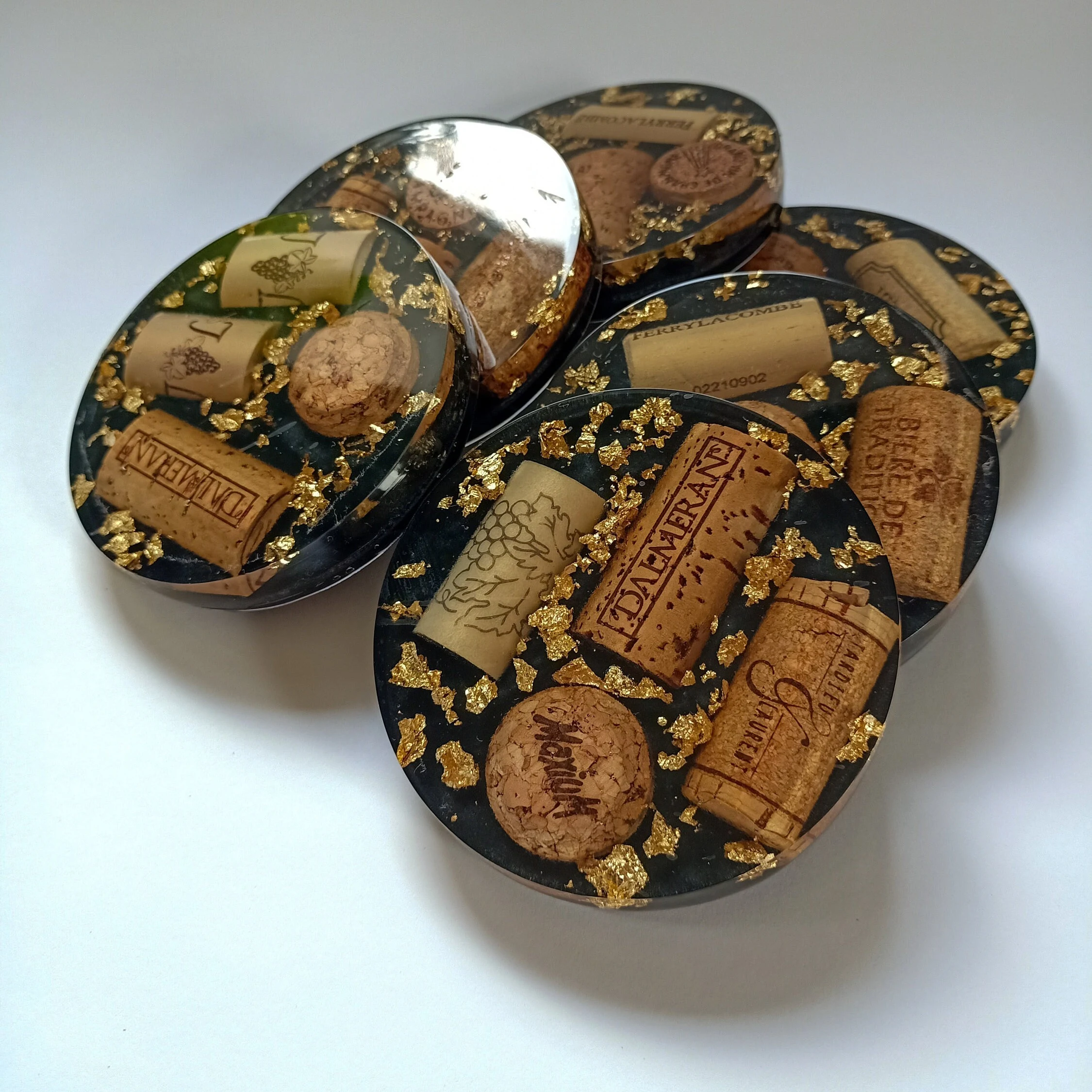 French Wine Cork Coaster Set, Epoxy Resin Coasters, Gold Flakes, Barware Decor, Drinkware Coasters, Unique Gift, Set of 6 Black