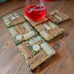 French Wine Cork Coaster Set, Epoxy Resin Coasters, Gold Flakes, Barware Decor, Drinkware Coasters, Unique Gift, Set of 6 Black (Copy)